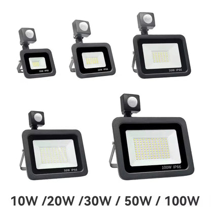 Waterproof LED floodlight with and without motion sensor.