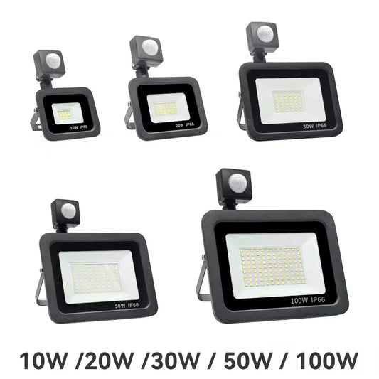 Waterproof LED floodlight with and without motion sensor.