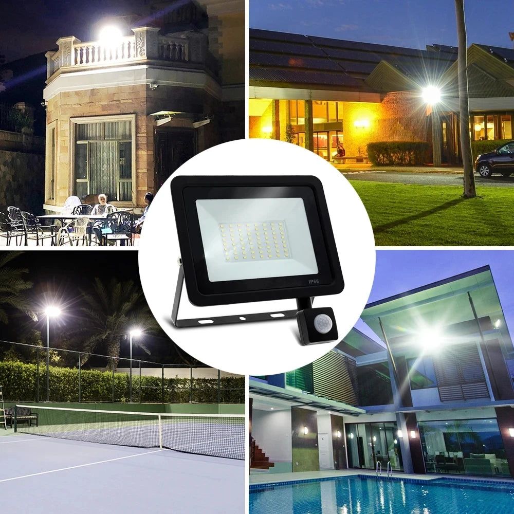Waterproof LED floodlight with and without motion sensor.