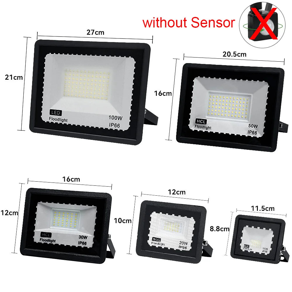 Waterproof LED floodlight with and without motion sensor.