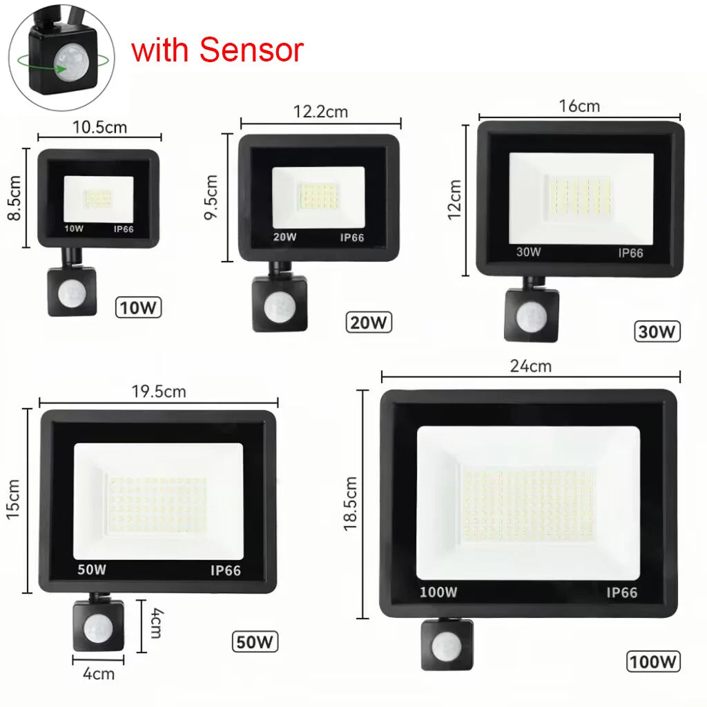 Waterproof LED floodlight with and without motion sensor.