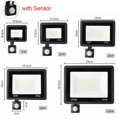 Waterproof LED floodlight with and without motion sensor.