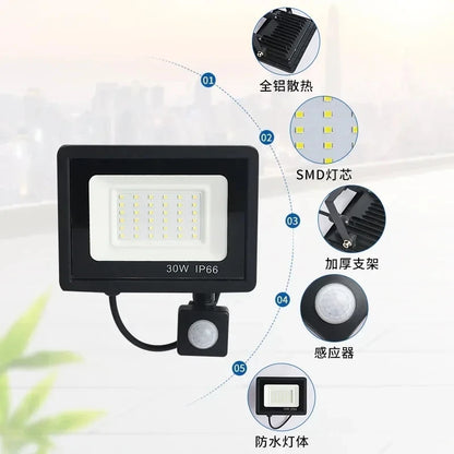 Waterproof LED floodlight with and without motion sensor.