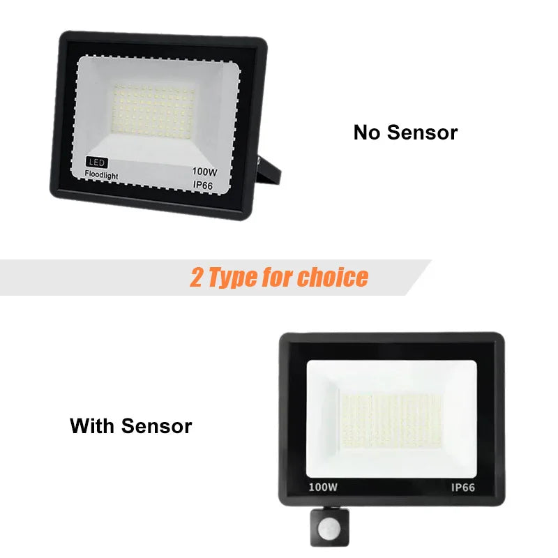 Waterproof LED floodlight with and without motion sensor.