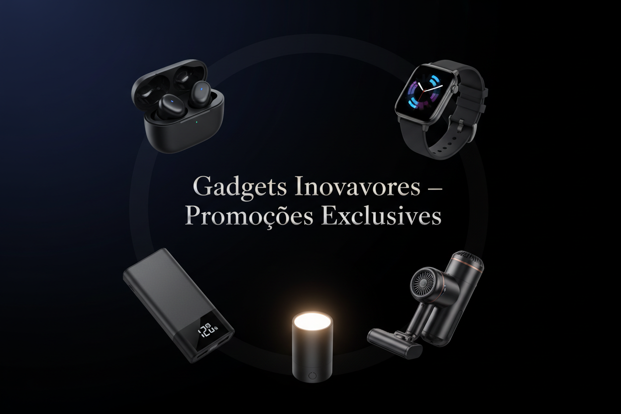 Crie um banner vertical e otimizado para mobile, com fundo escuro e aspecto moderno. Centralize o texto: “Gadgets Inovadores — Promoções Exclusivas”.
Distribua 4 a 5 gadgets de forma equilibrada e clara ao redor do texto, como fones sem fio, smartwatch, carregador portátil, mini aspirador e luz LED portátil.
Use iluminação suave, detalhes premium e mantenha todos os elementos bem visíveis mesmo em telas pequenas. O design deve parecer profissional, elegante e focado em tecnologia.